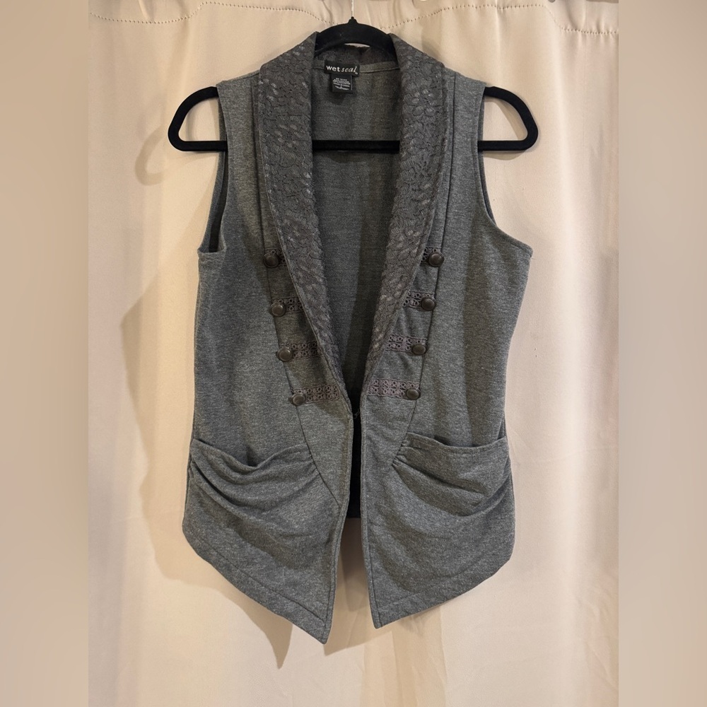 Wet Seal Gray Sleeveless Vest with Button Detail